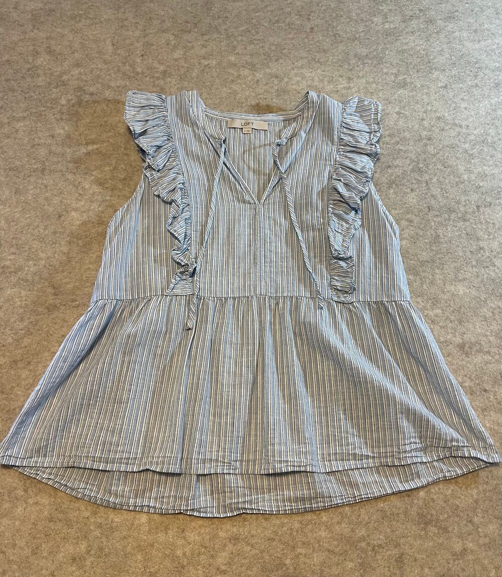 Ann Taylor LOFT Blue Stripe Tie Neck Peplum Tank Top Size Medium